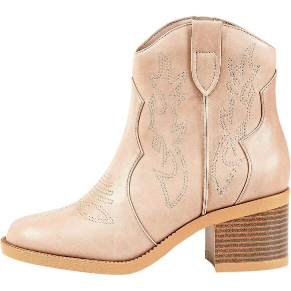 Women's Polyurethane Blush Embroidered Round Toe Short Ankle Chunky Heel Boots - Picture 7 of 7